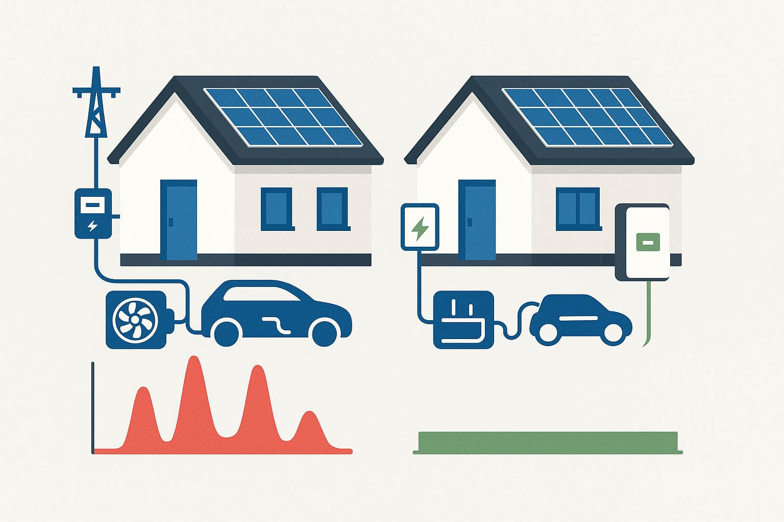 Peak-shaving infographic: thuisbatterij vlakt energiepieken af voor lagere netbelasting