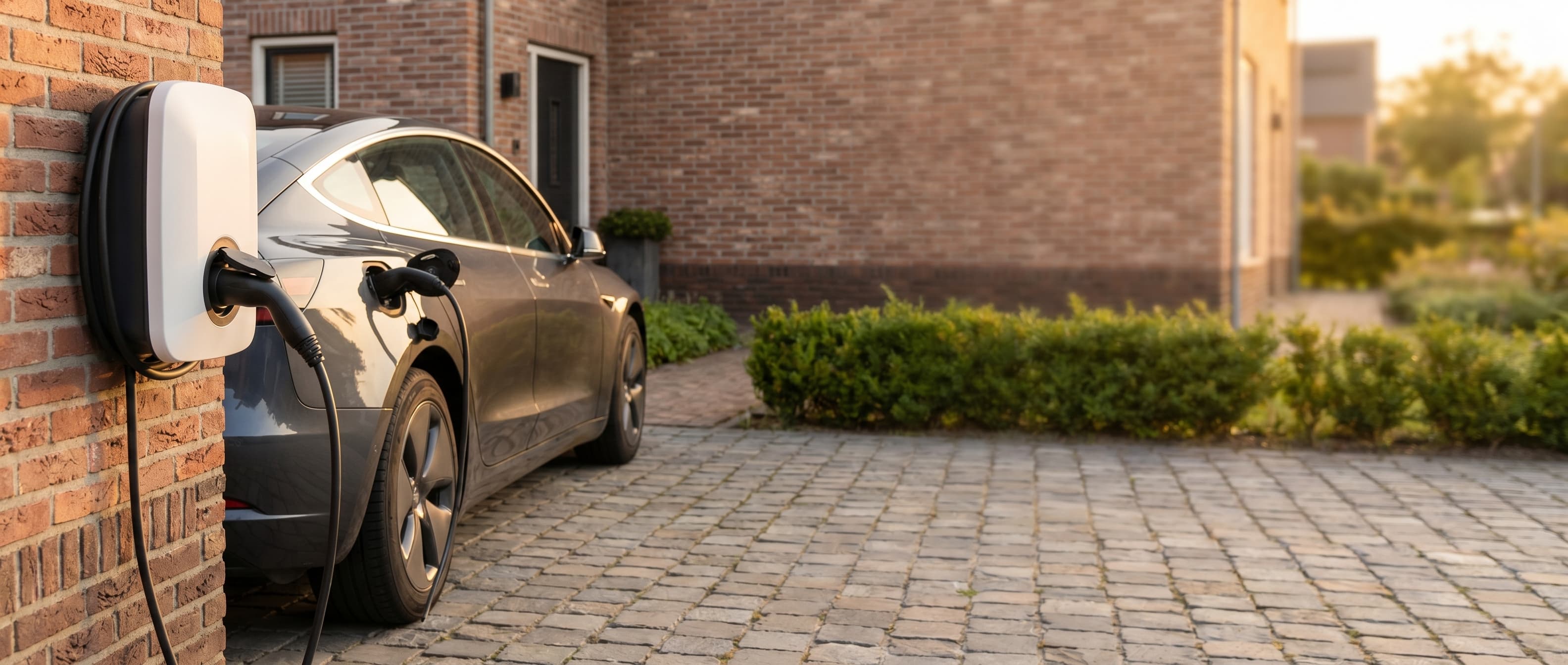 Elektrische auto die thuis oplaadt aan een laadpaal op de oprit