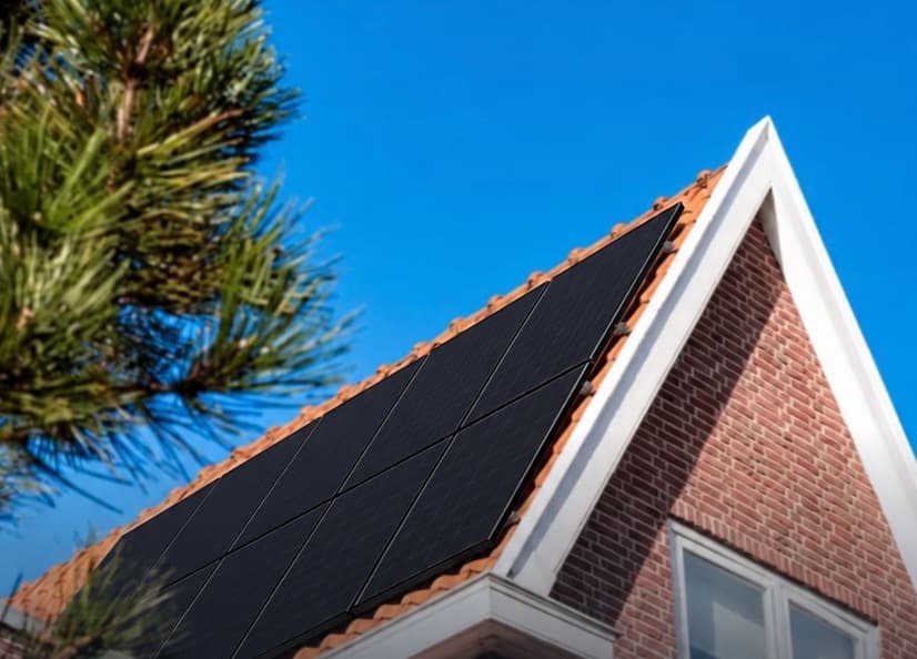 Full black zonnepanelen op een schuin dak van een woning, geplaatst door Maatje Solar Systems