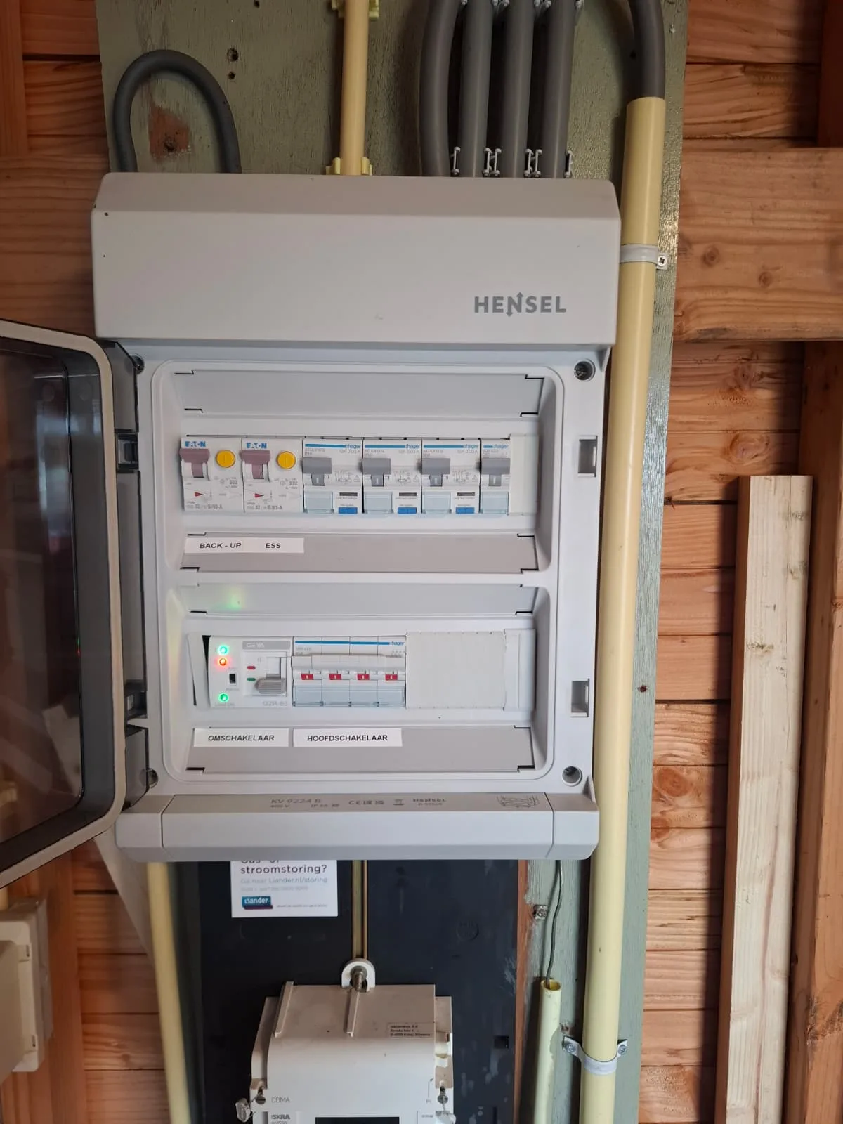 Verdeelkast met gelabelde back-up- en omschakelgroepen voor de batterij