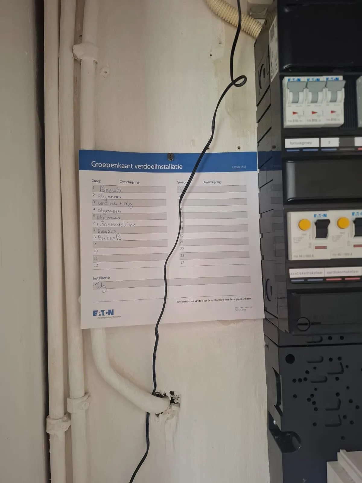 Ingevulde groepenkaart van de verdeelinstallatie naast de Eaton-groepenkast