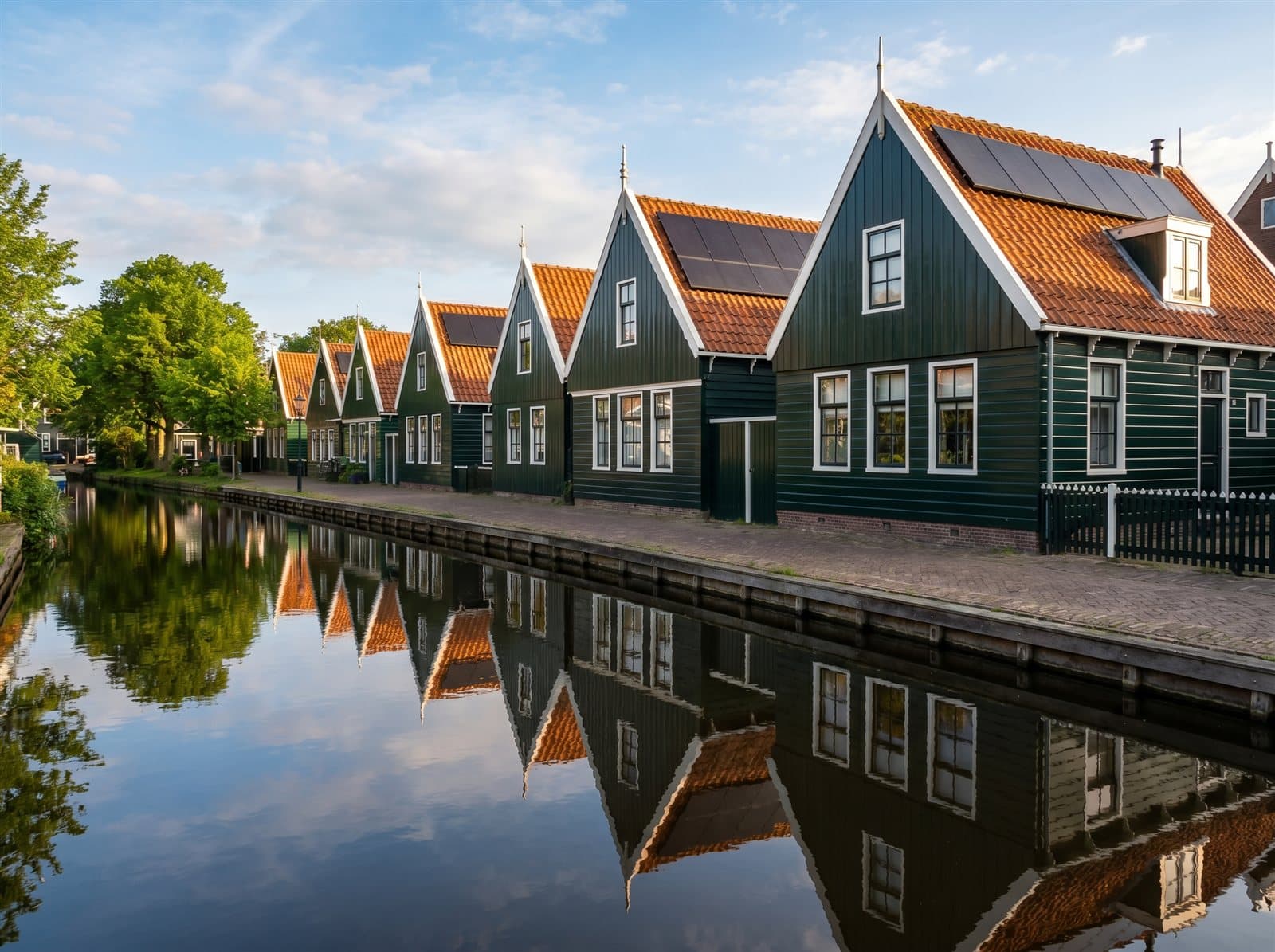 Karakteristieke groene houten Zaanse huizen aan een gracht in Zaandam